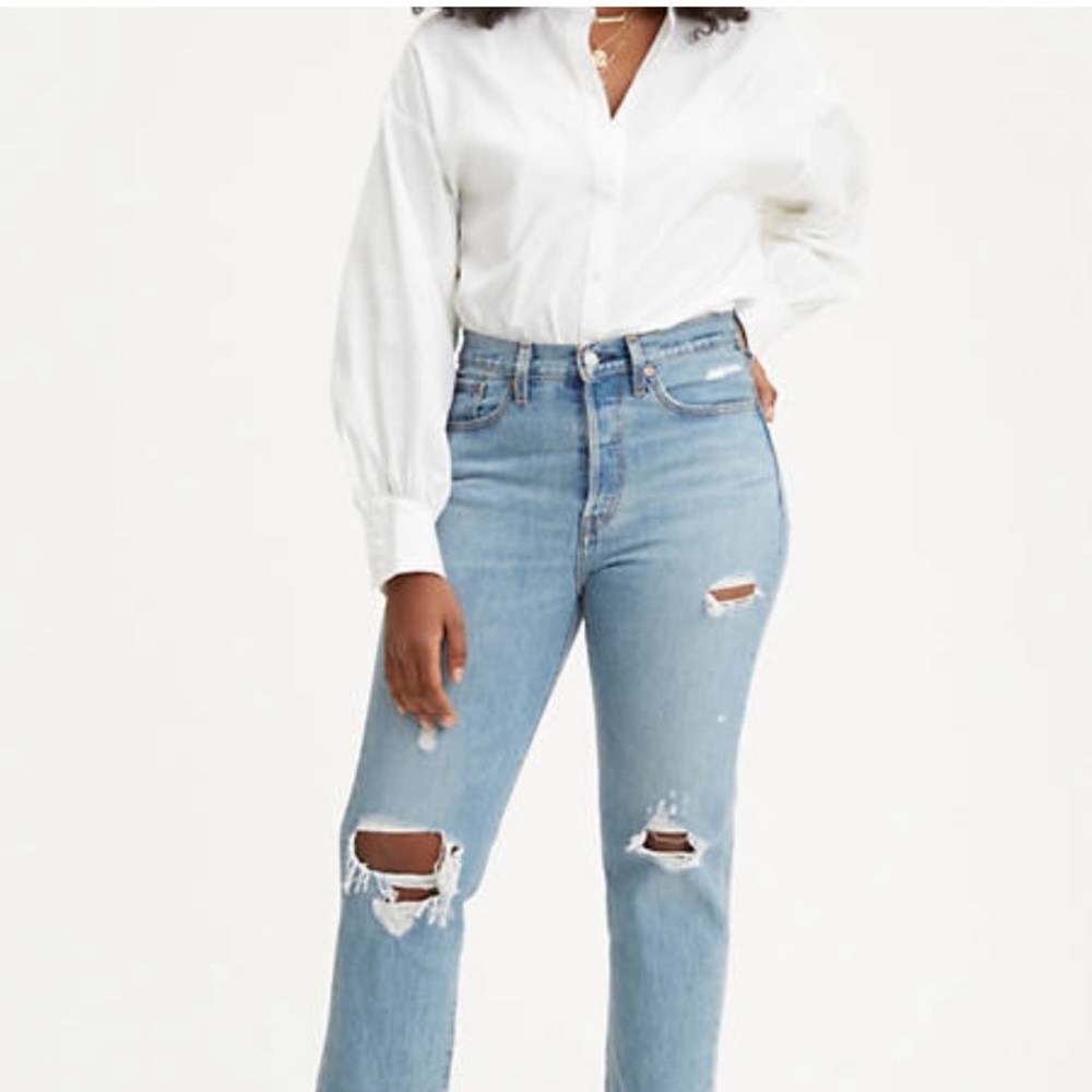 Levis wedgie fit light blue distressed high rise straight jeans